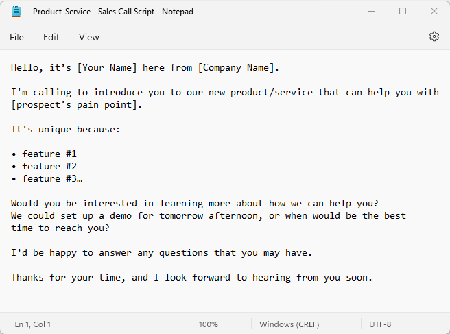 Product/Service sales call script example