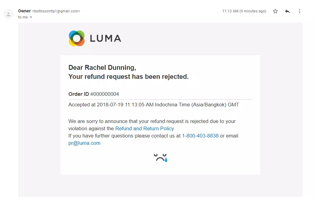 Example of refund request rejection email