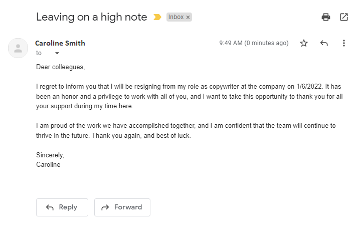 Resignation email example