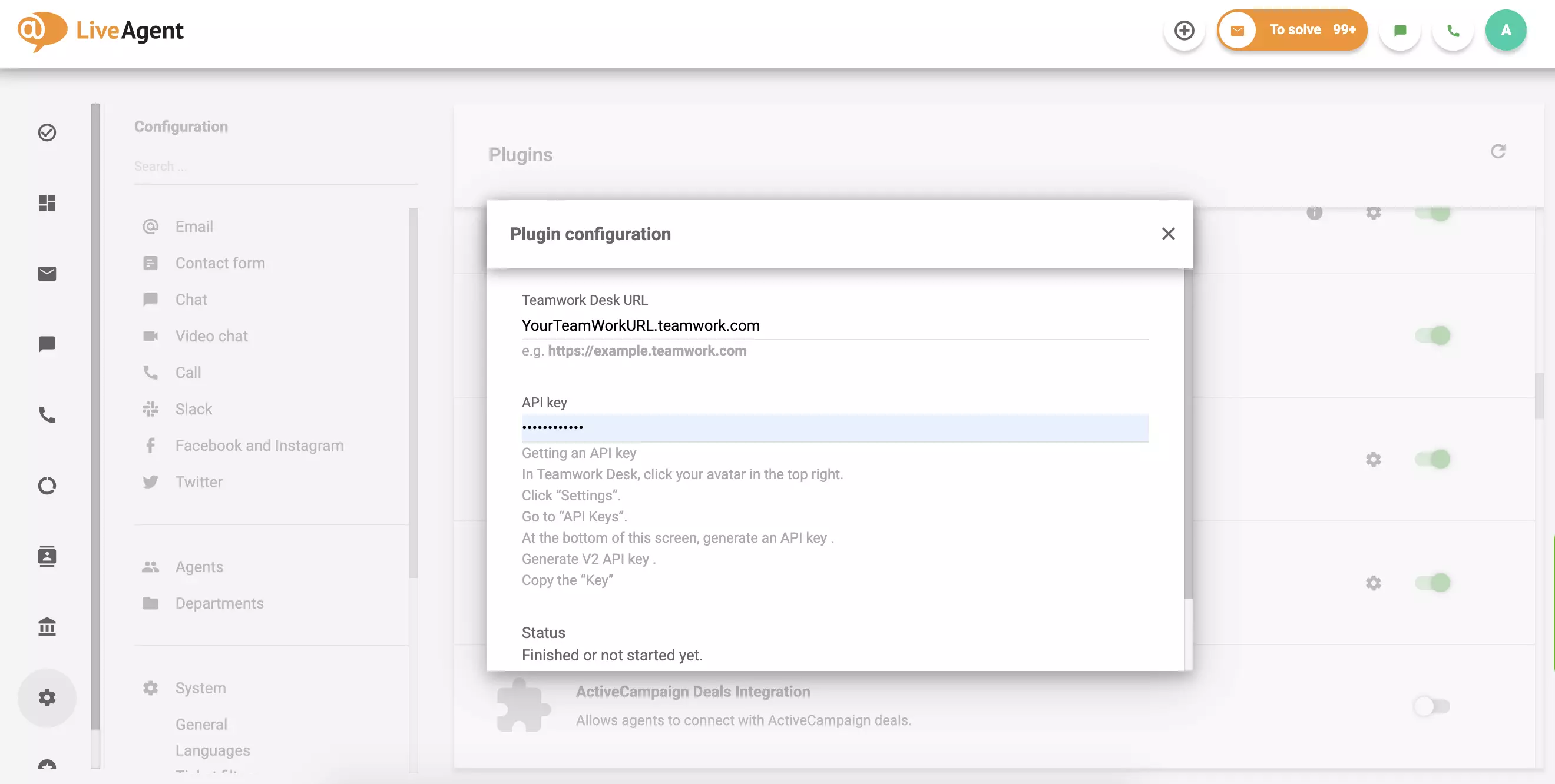 Punan ang iyong Teamwork Desk URL at API, pagkatapos i-click ang Save.